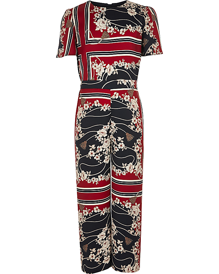 Girls red scarf print jumpsuit