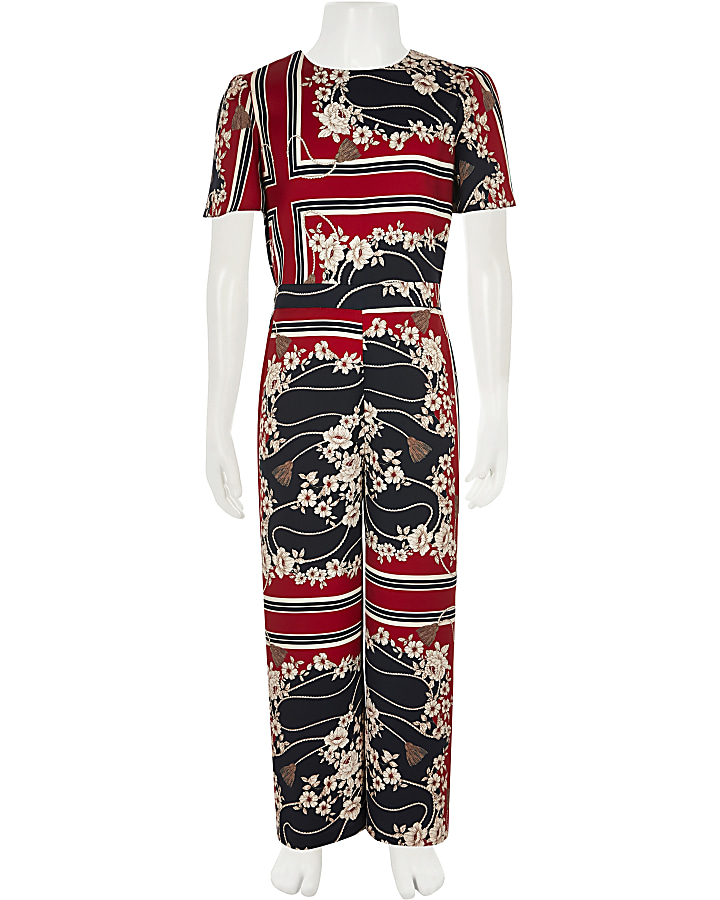 Girls red scarf print jumpsuit