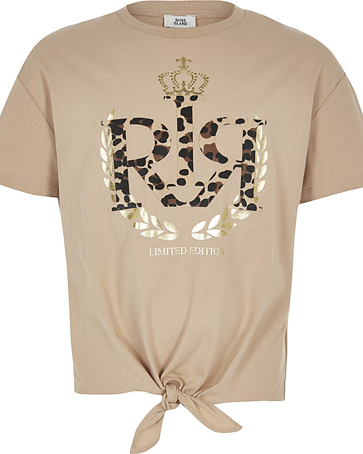 Girls brown RI leopard print T-shirt