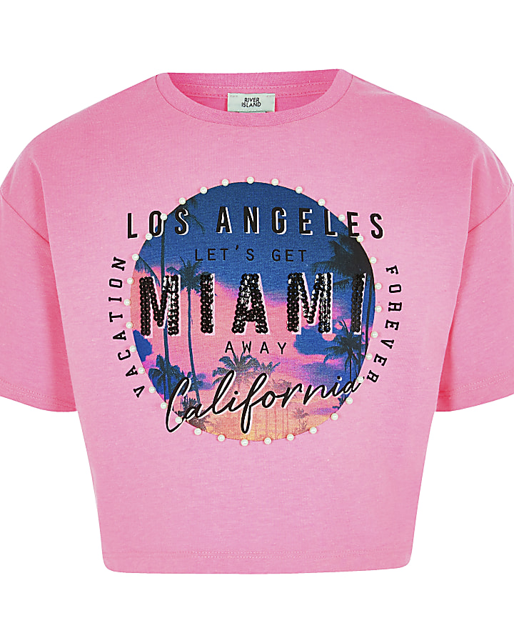Girls pink 'Miami' embellished T-shirt