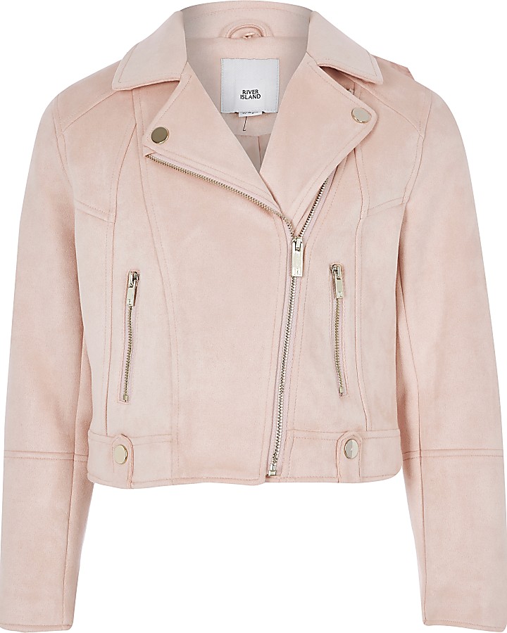 Girls pink faux fur trim biker jacket