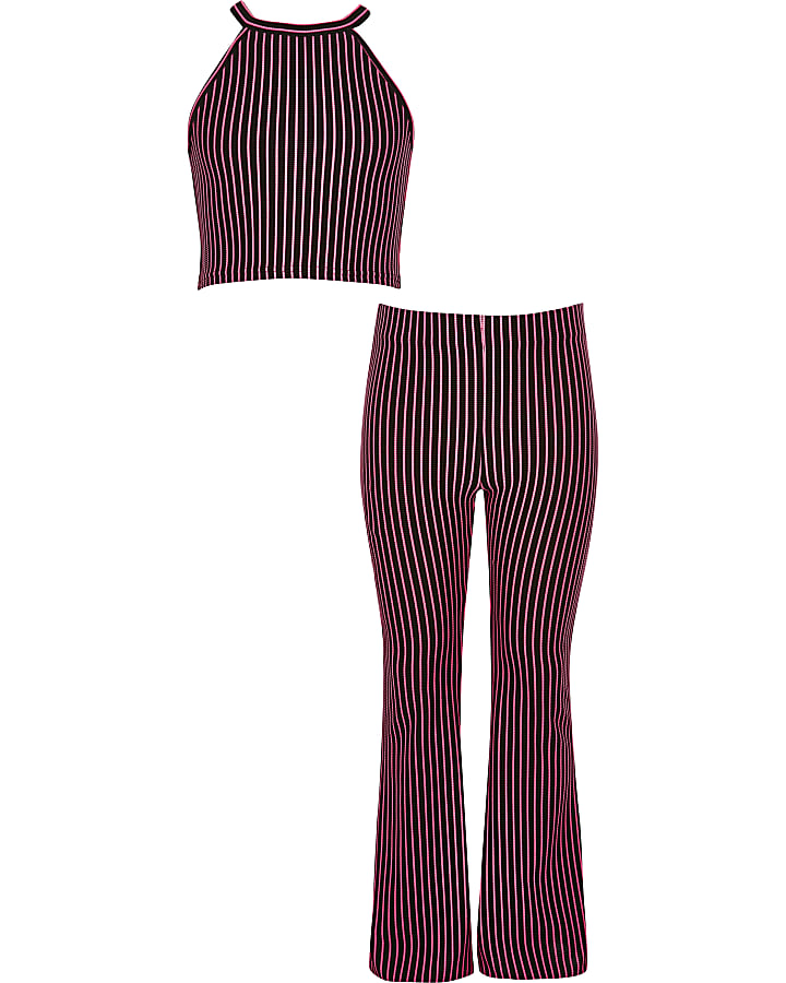 Girls pink stripe print crop top outfit