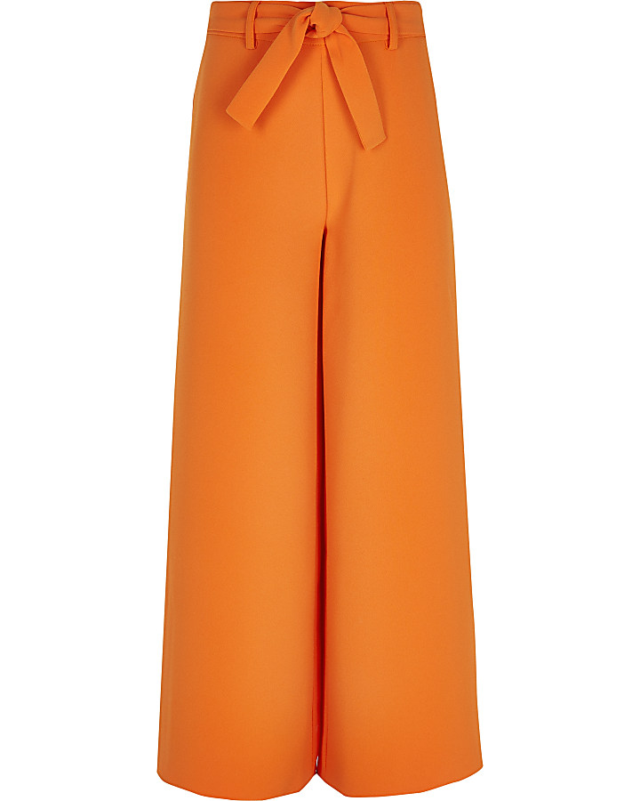 Girls orange tie waist wide leg trousers