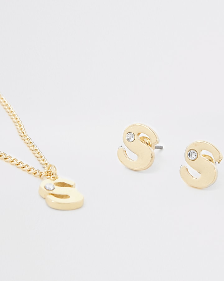 Girls gold colour 'S' initial necklace set
