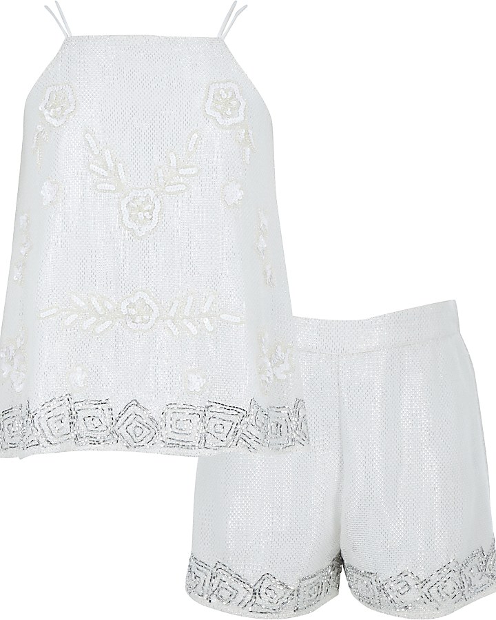 Girls white sequin embellished cami outfit