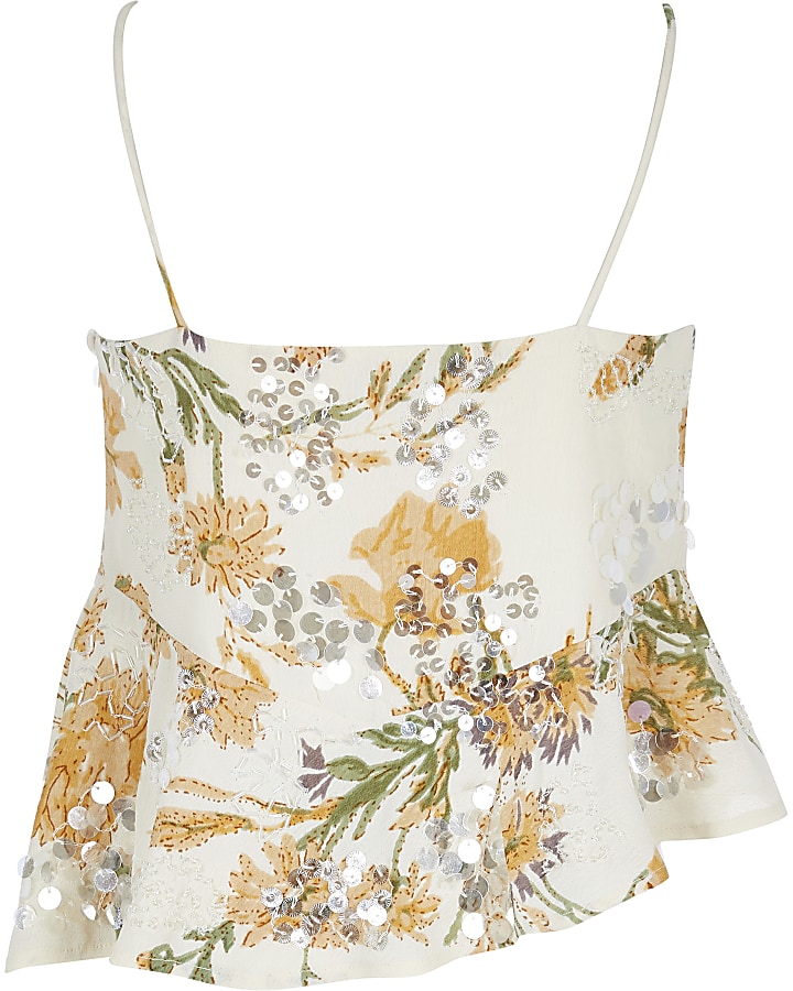 Girls yellow floral sequin cami top