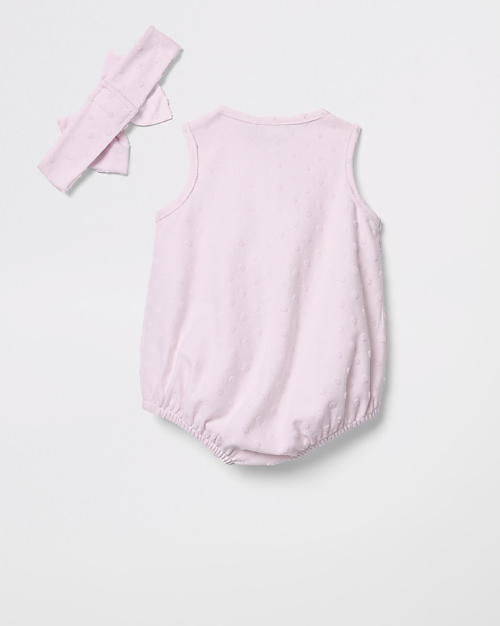 Baby pink textured romper with headband