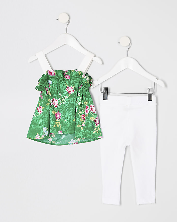 Mini girls green floral cami top outfit