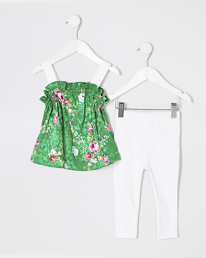 Mini girls green floral cami top outfit
