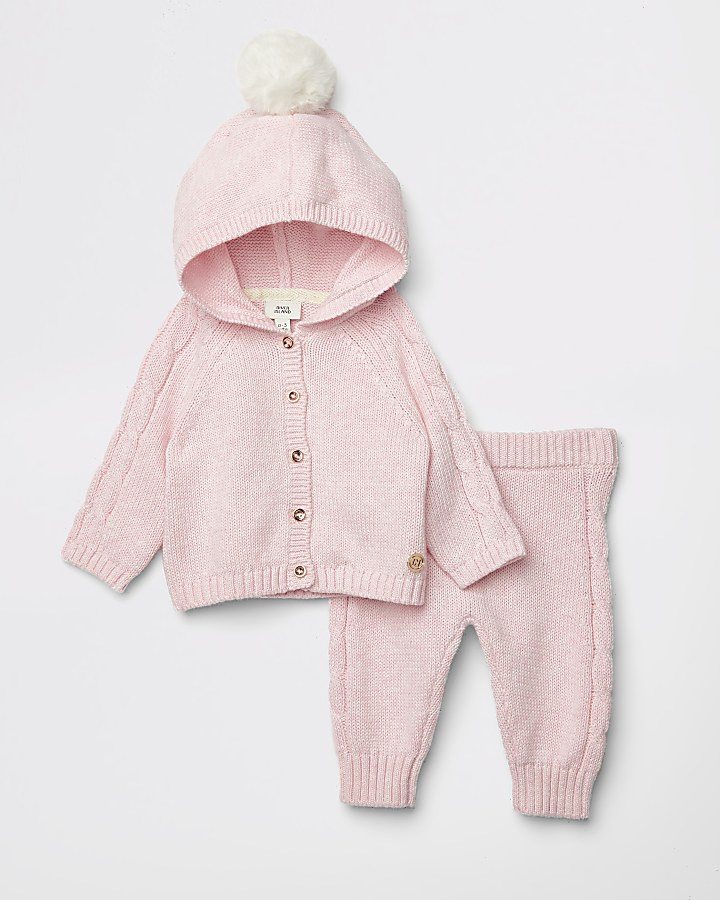 Baby pink pom pom knitted cardigan outfit