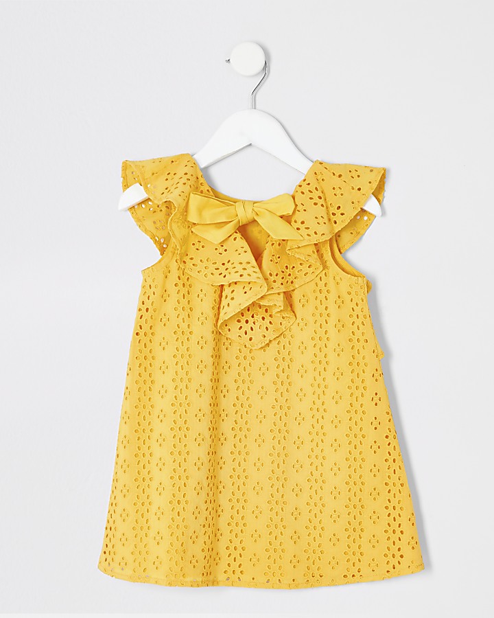 Mini girls yellow broderie trapeze dress