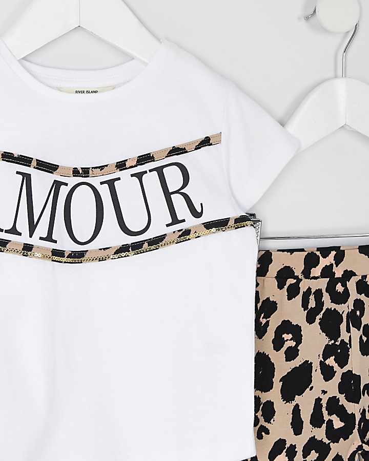 Mini girls white leopard print T-shirt outfit