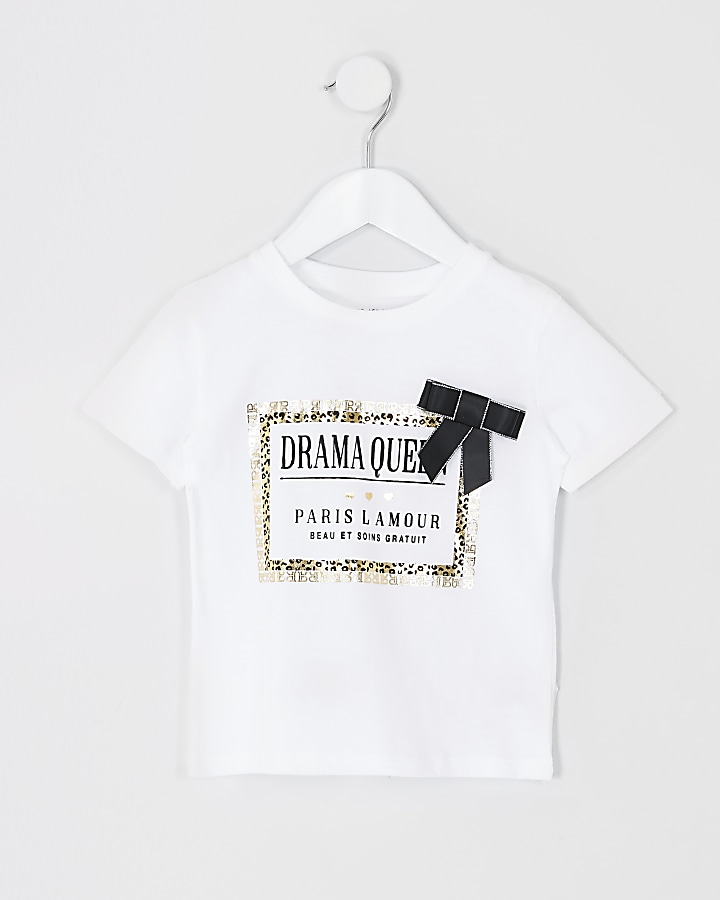 Mini girls white leopard print trim T-shirt