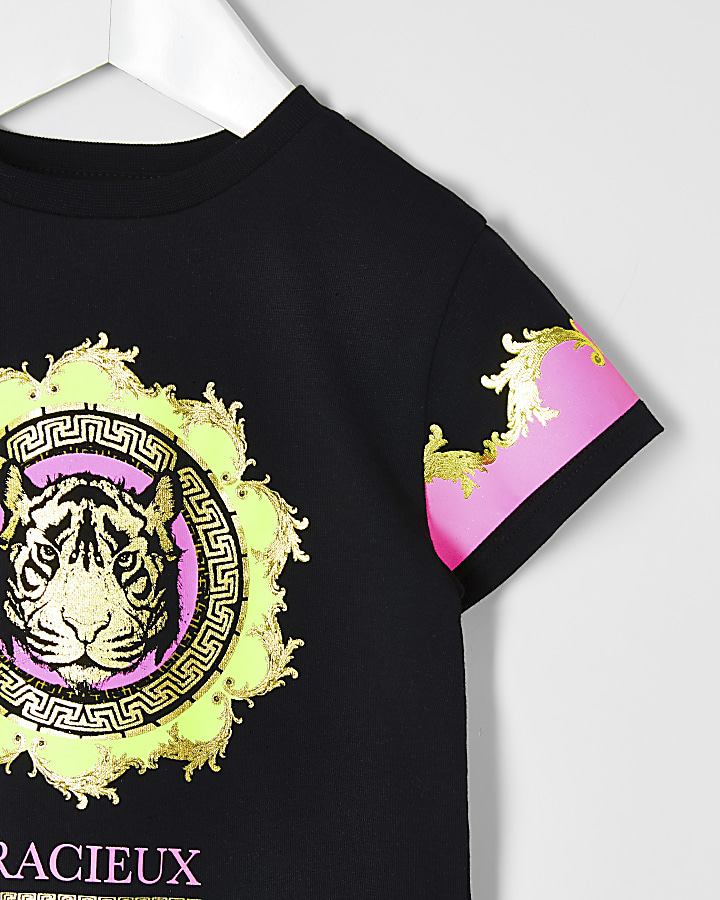 Mini girls black neon tiger print T-shirt