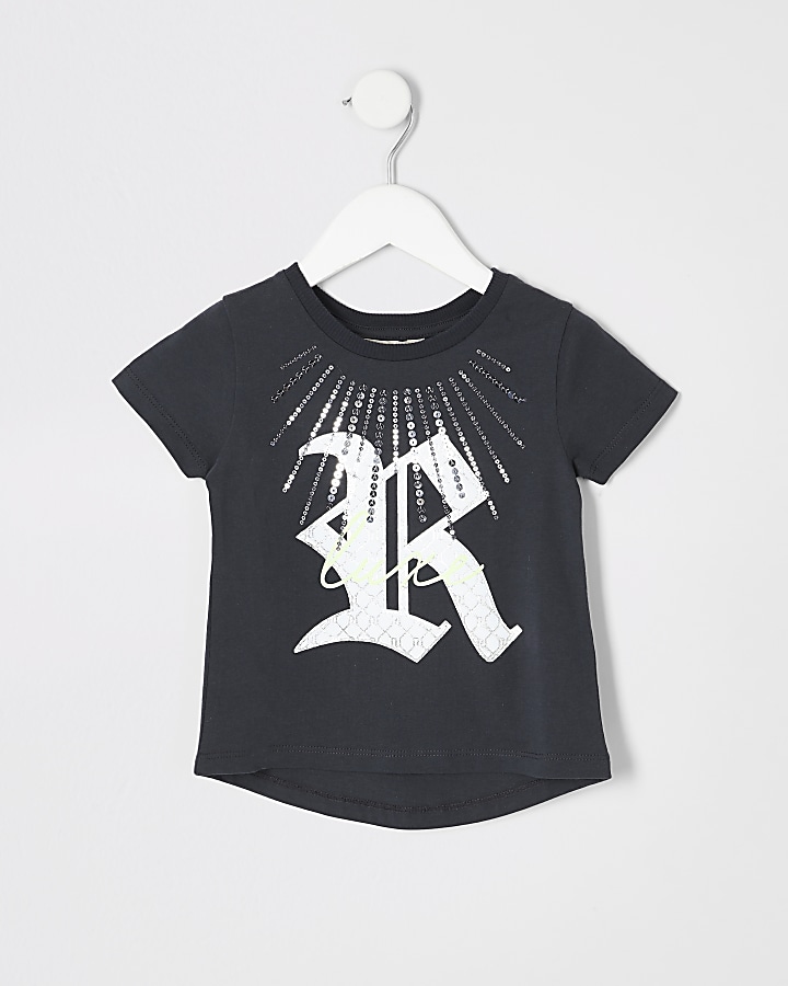 Mini girls grey sequin print T-shirt