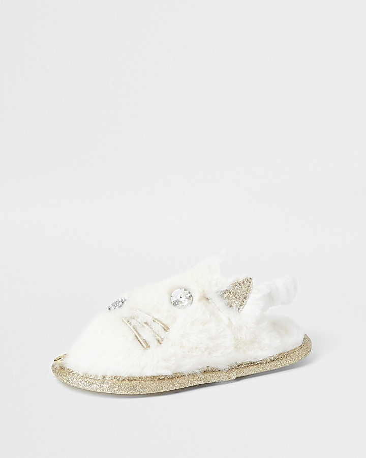 Mini girls cream cat slippers