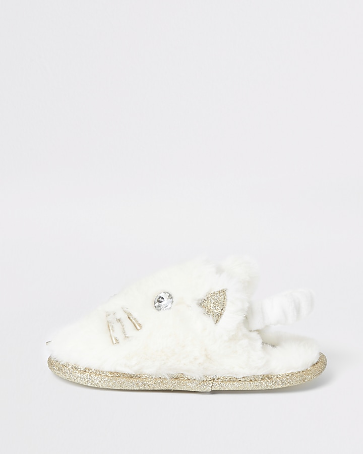 Mini girls cream cat slippers