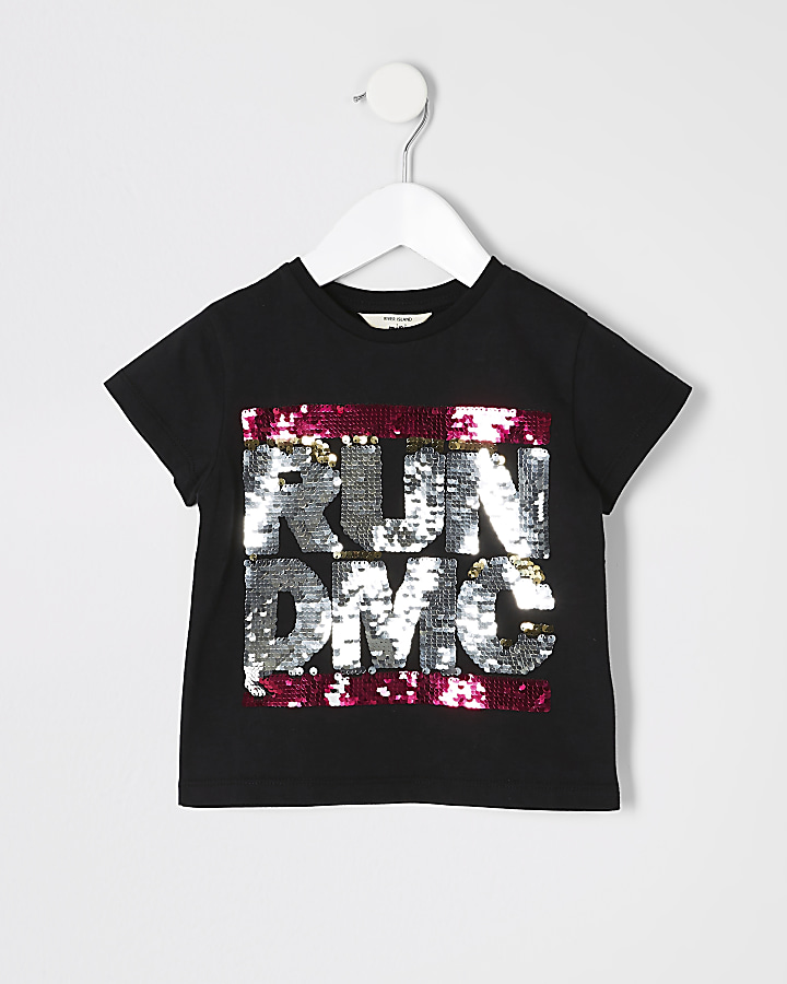 Mini girls black sequin 'Run DMC' T-shirt