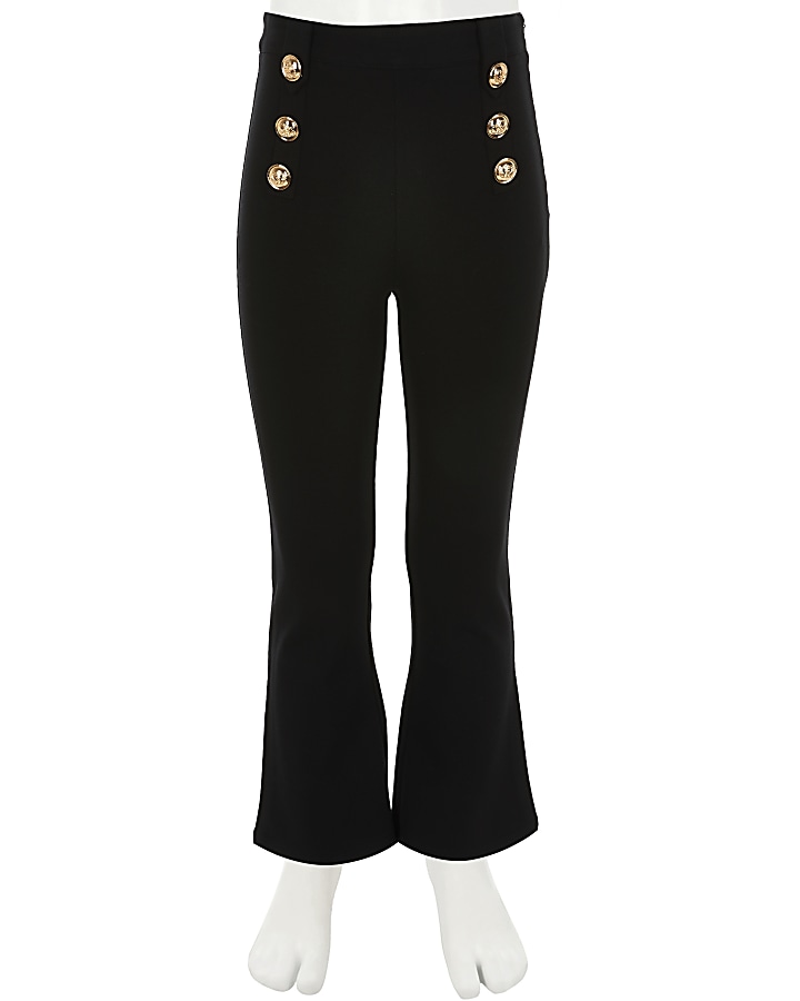 Girls black button front flare trousers