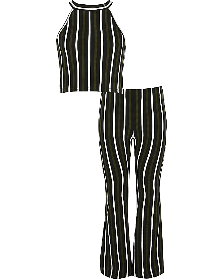 Girls khaki stripe crop top outfit