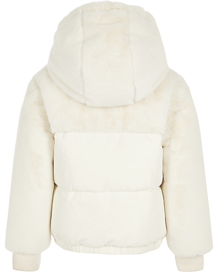 Girls cream faux fur hooded puffer jacket