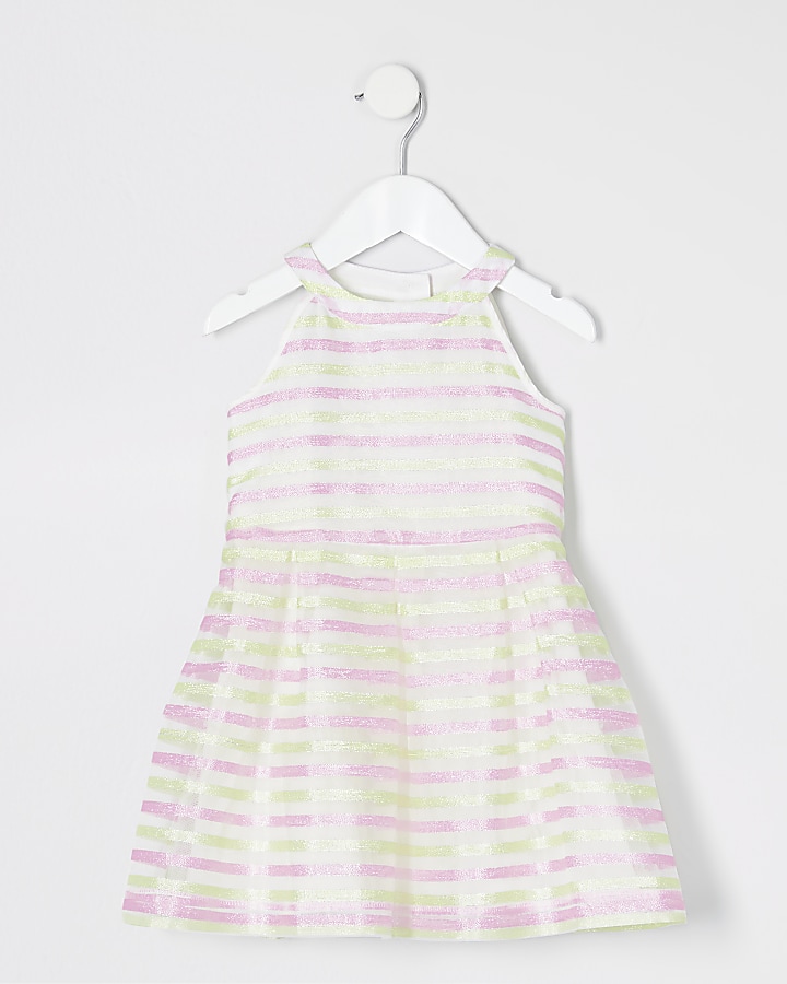 Mini girls pink stripe mesh prom dress