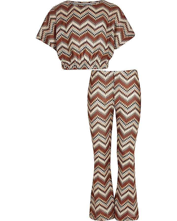 Girls brown zig zag flared trousers outfit