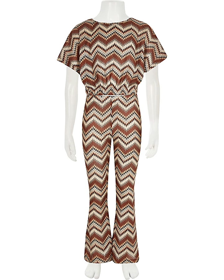 Girls brown zig zag flared trousers outfit