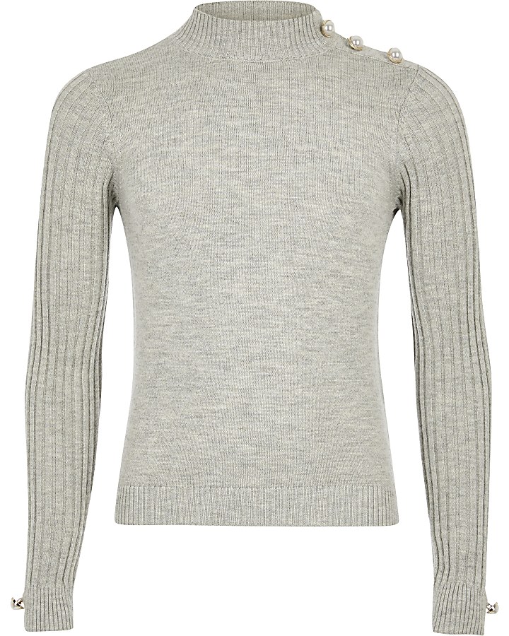 Girls grey ribbed knit high neck fitted top