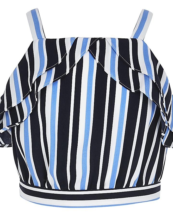 Girls blue stripe ruffle crop top