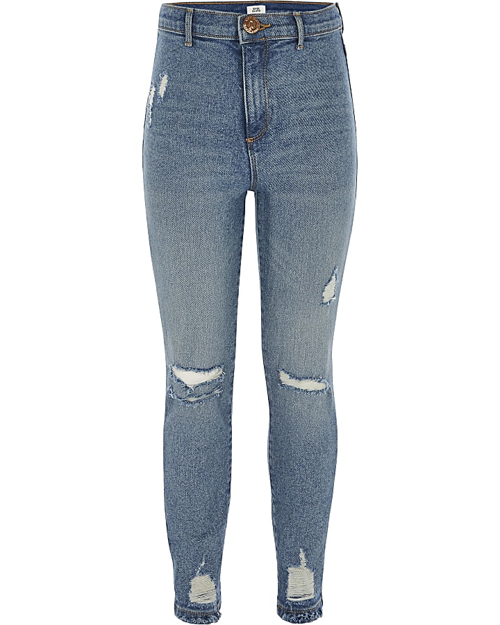 Girls blue ripped Kaia high rise jeggings