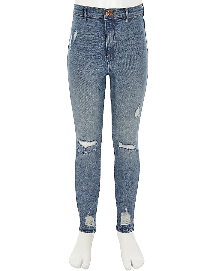 Girls blue ripped Kaia high rise jeggings