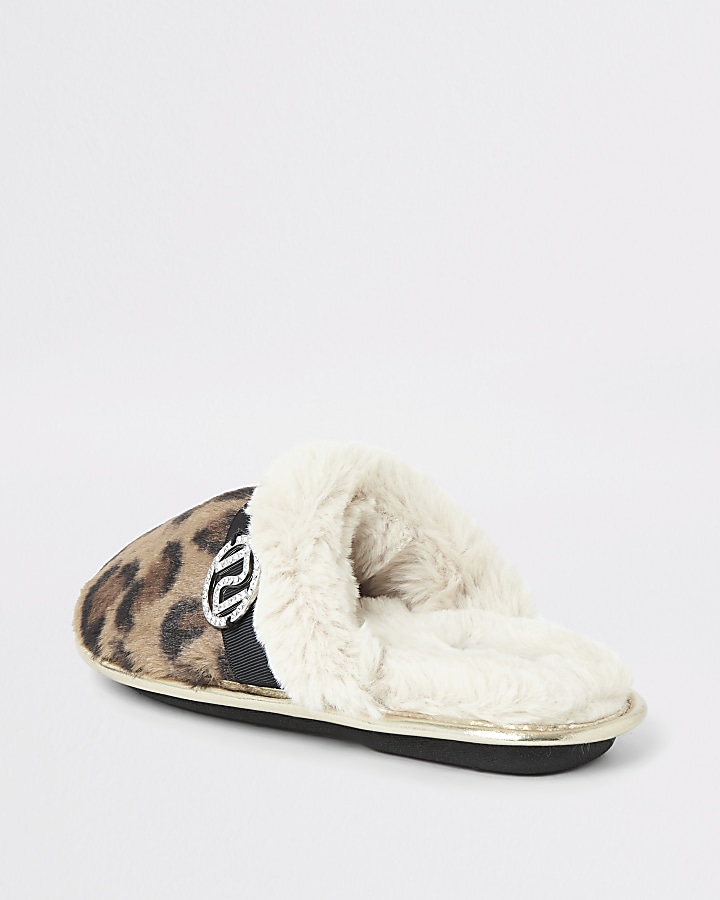 Girls leopard print faux fur mule slippers