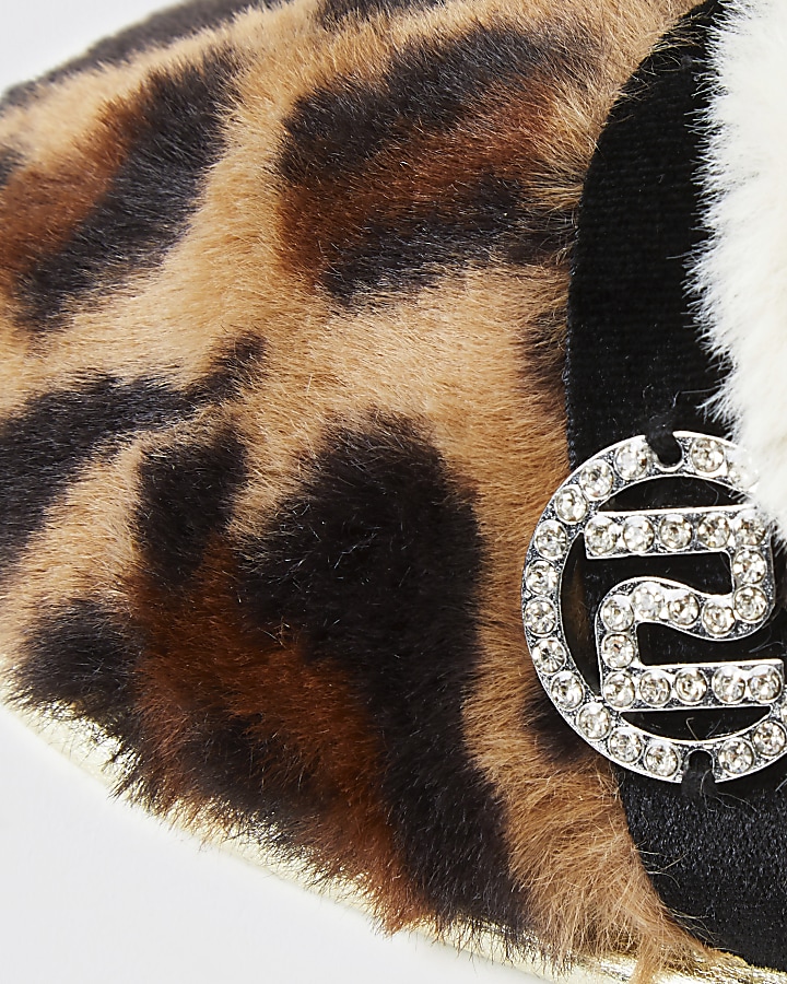 Mini girls brown leopard faux fur slippers