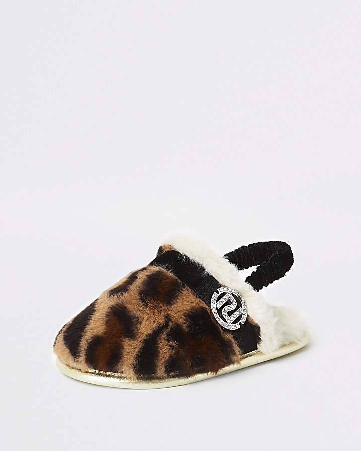 Mini girls brown leopard faux fur slippers