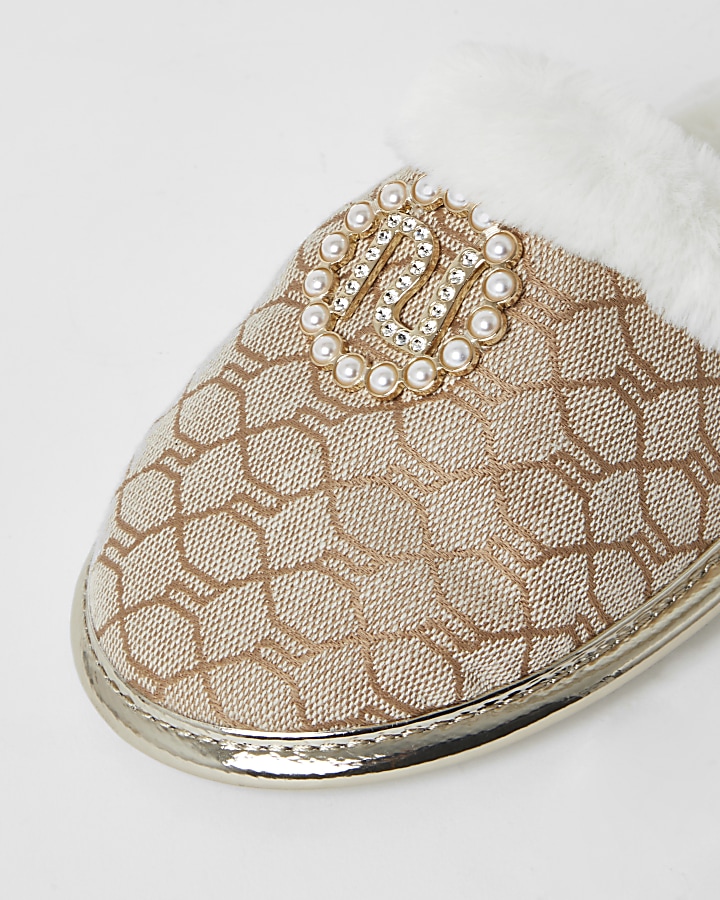 Girls brown RI monogram pearl mule slippers