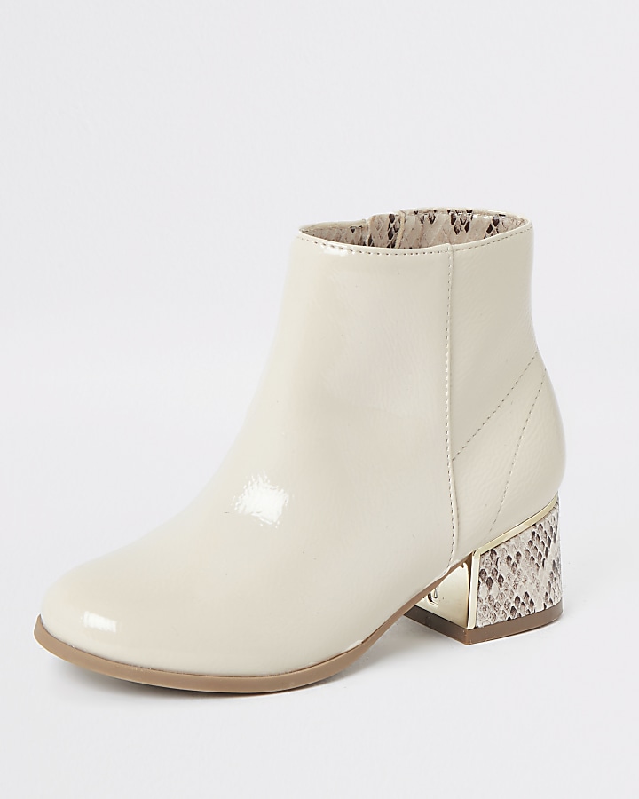 Girls white snake print heeled boots