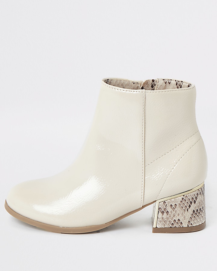 Girls white snake print heeled boots