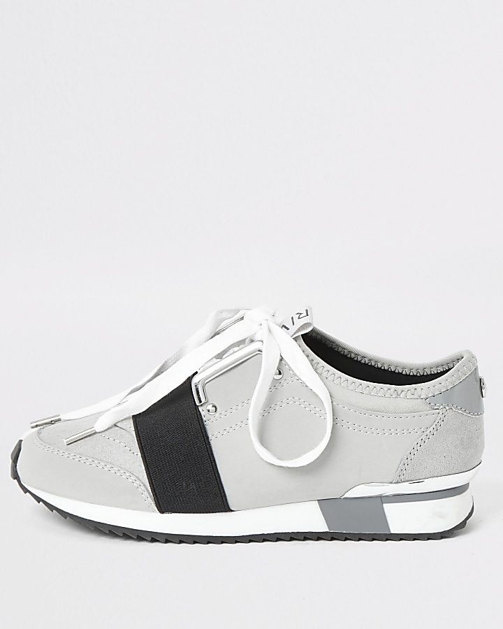 Girls grey elasticated lace-up trainers