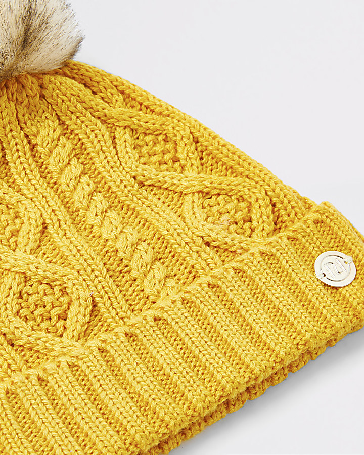 Baby yellow knitted pom beanie hat