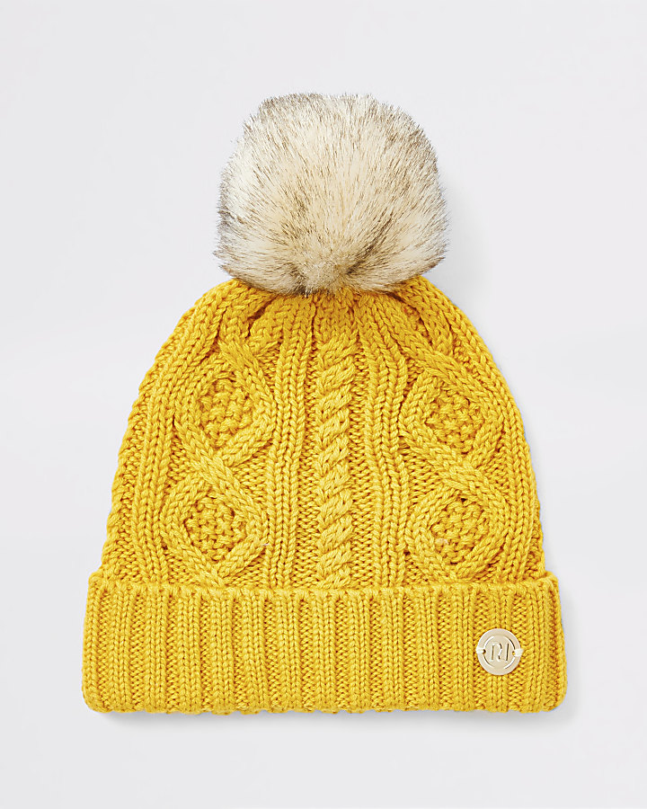 Baby yellow knitted pom beanie hat
