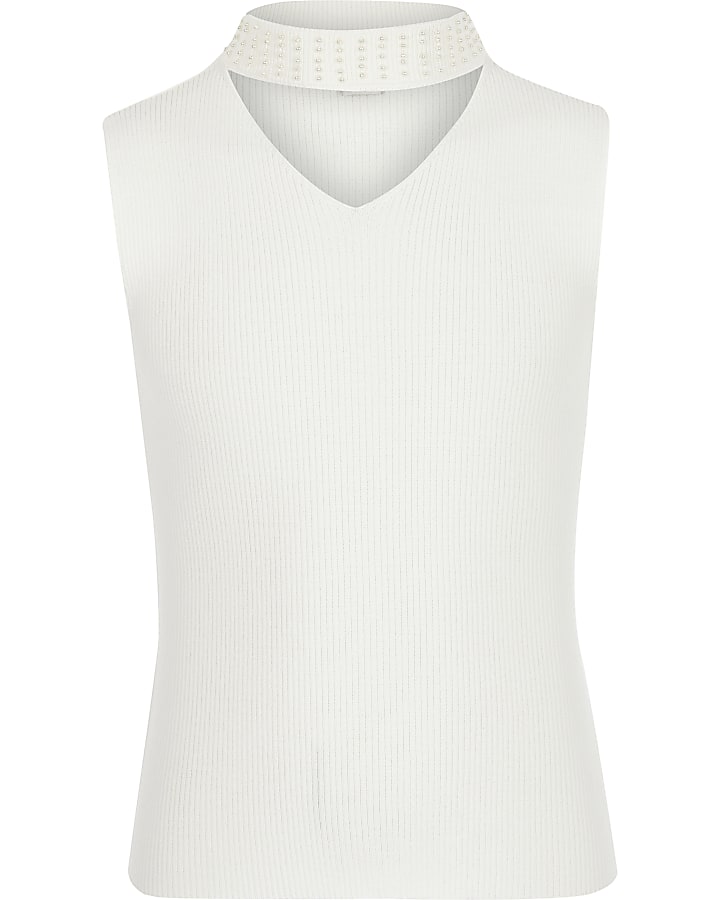 Girls cream pearl neck knitted top