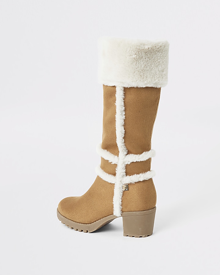 Girls brown faux fur knee high boots