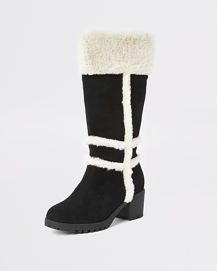 Girls black faux fur knee high boots