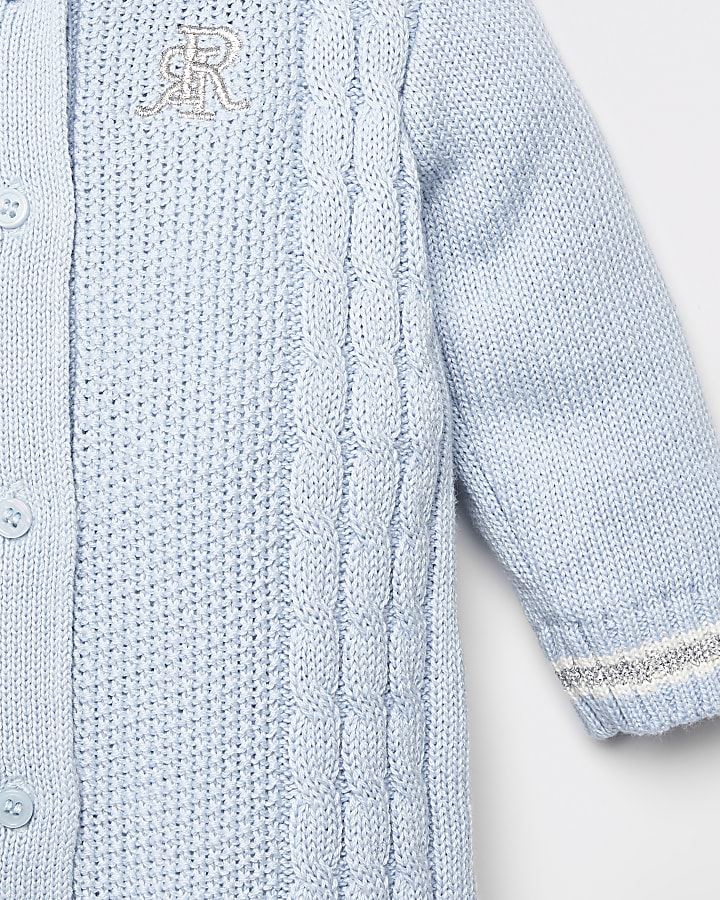 Baby blue button front  cable knit baby grow