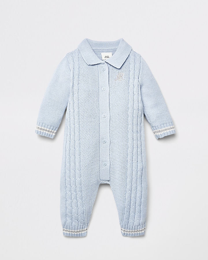 Baby blue button front  cable knit baby grow