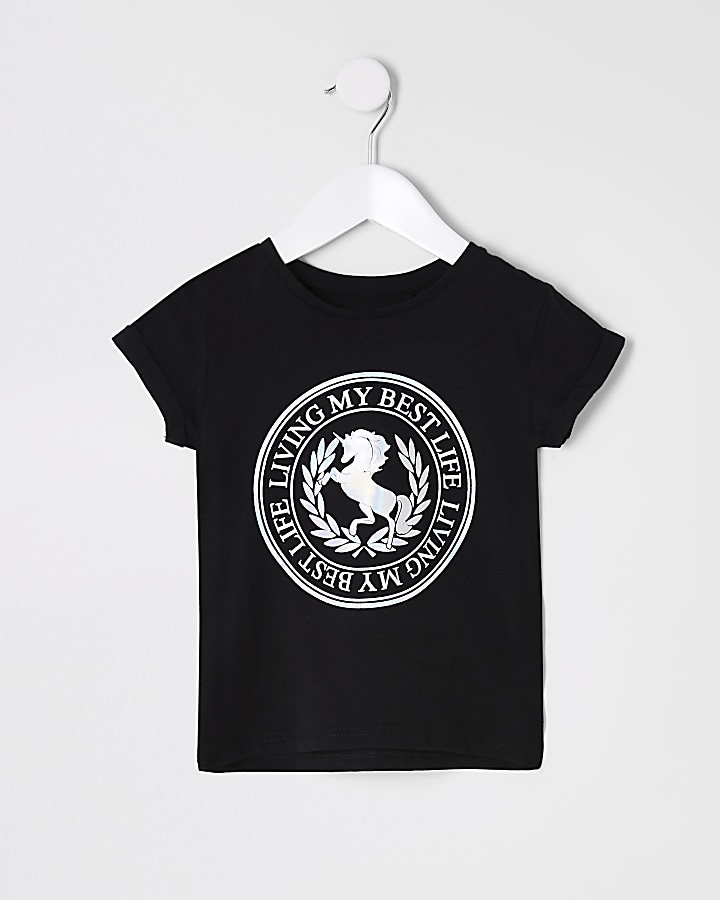 Mini girls black holographic unicorn T-shirt