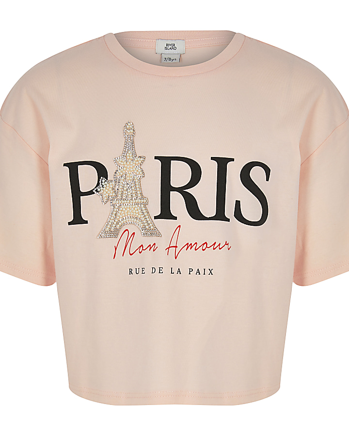 Girls pink 'Paris' print T-shirt