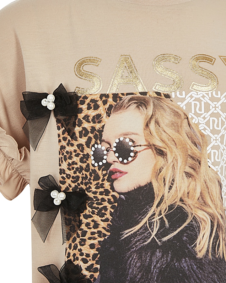 Girls light brown 'Sassy' print T-shirt