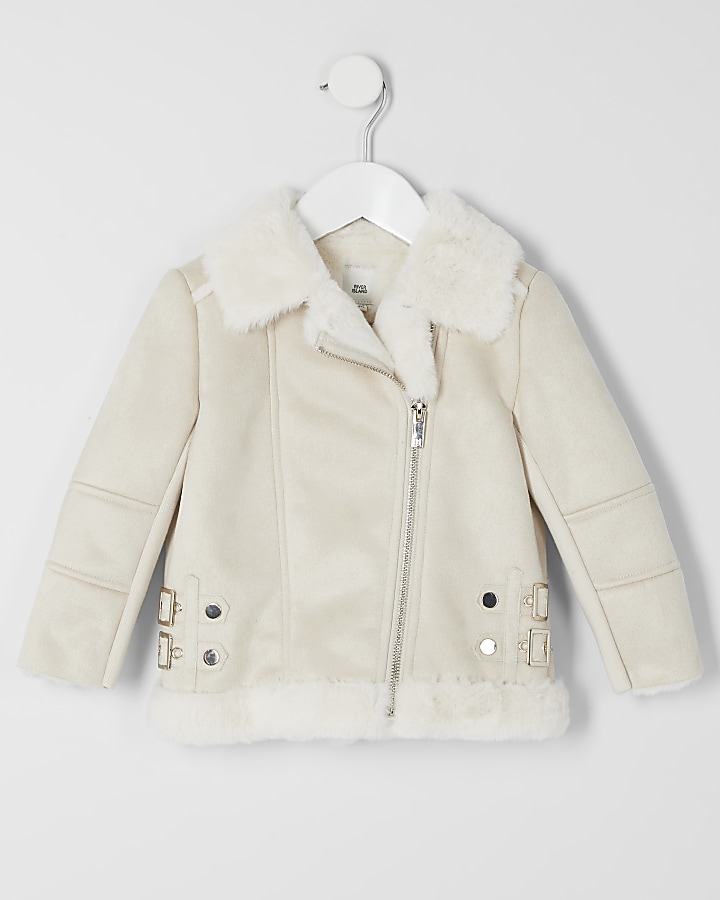 Mini girls cream faux suede aviator jacket
